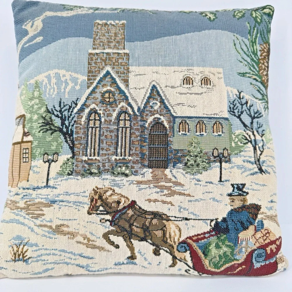Christmas Tapestry Throw Pillow Snowman Winter Scene House Church Woven Holiday‎